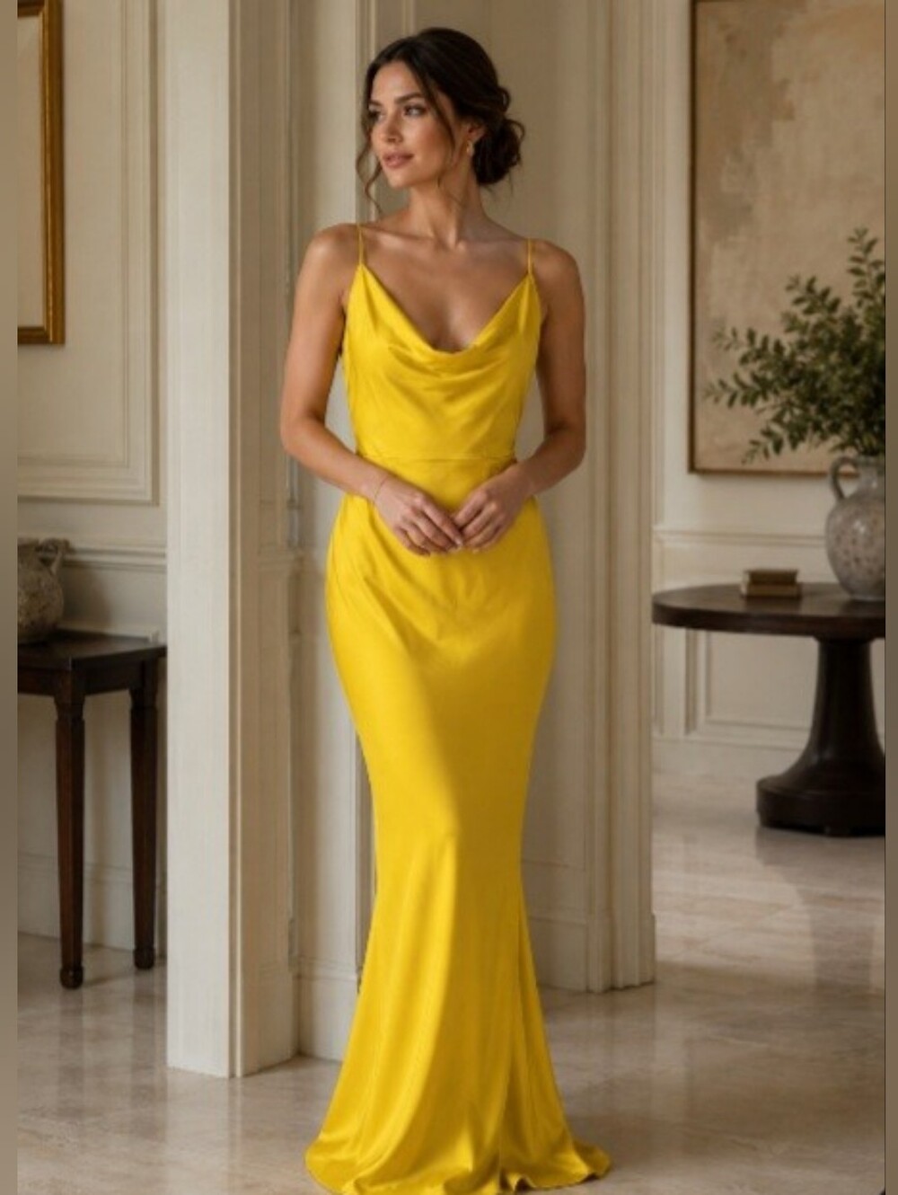 Lipsy Sunshine Yellow Draped Cowl Neck Elegant Formal Evening Maxi Dress